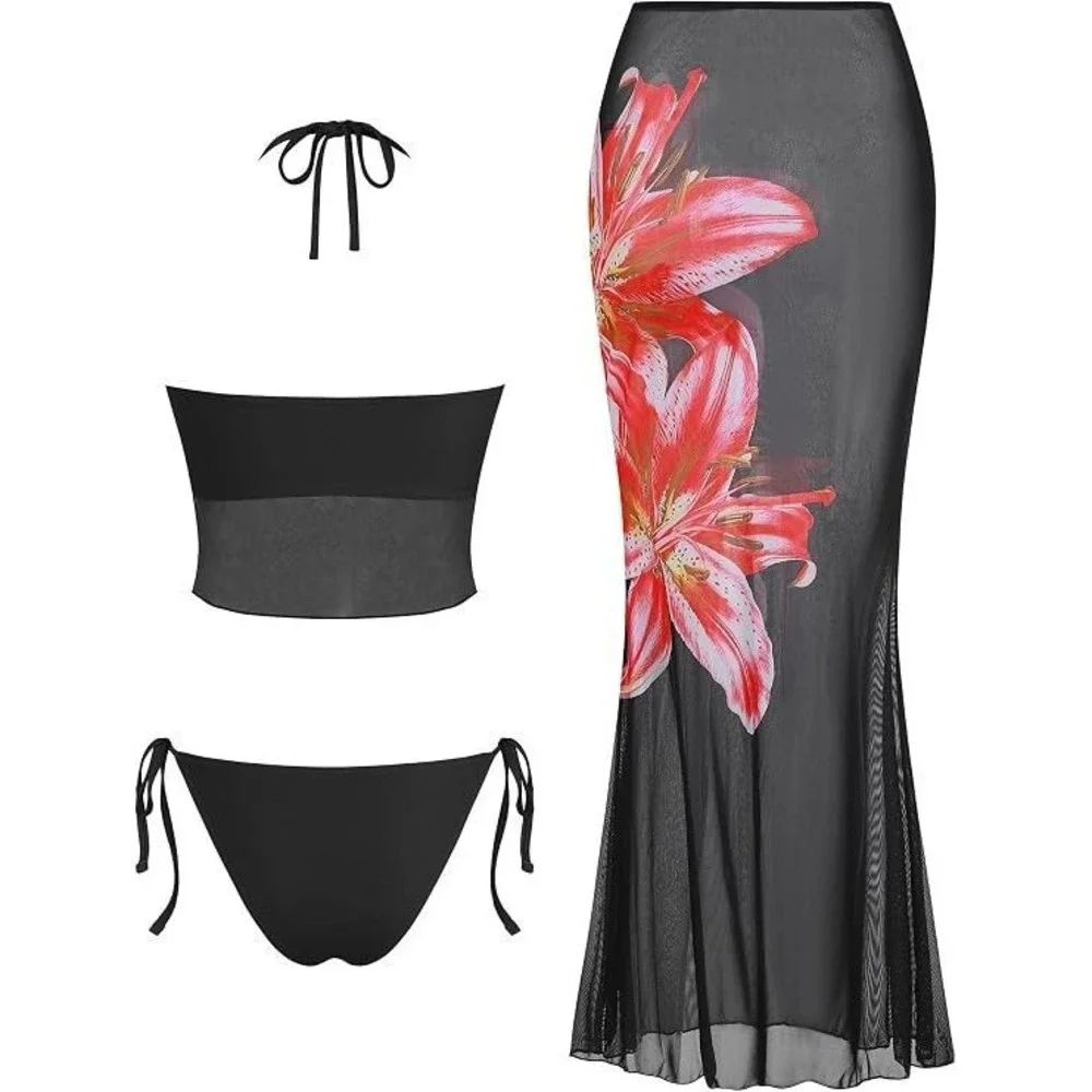 Zaful Women's 3pc Tie Side Cheeky Bikini Set w/ Cover Up Skirt - Red Floral - L